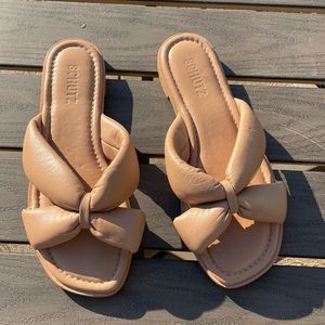 Shutz tan leather puffy cross cross sandals